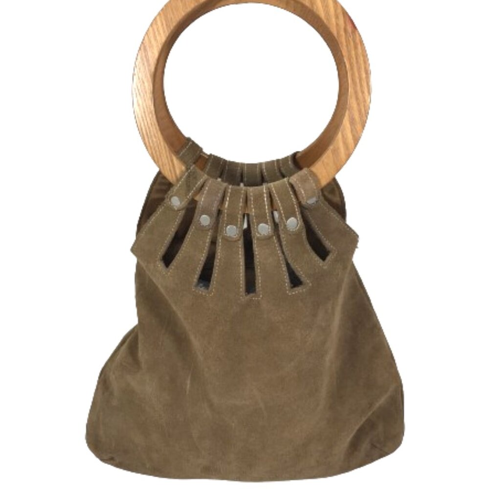 Vintage Suede Hobo Bag with Wooden Handle